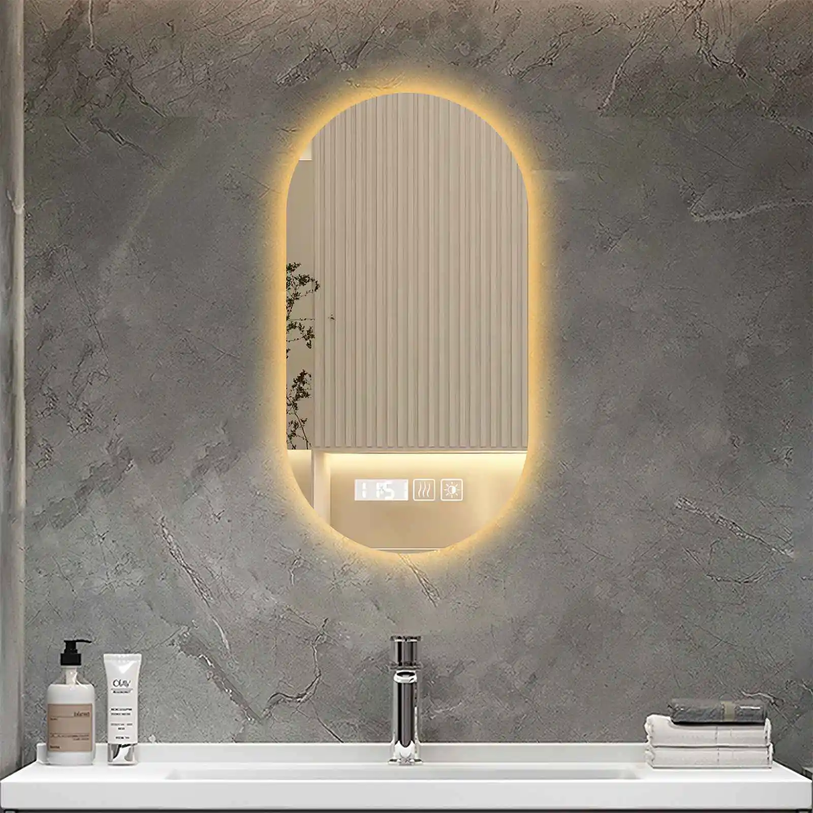 Miroir de salle de bain 50x80 cm avec éclairage LED, 3 couleurs de lumière, affichage de l'heure et de la température, style moderne et minimaliste