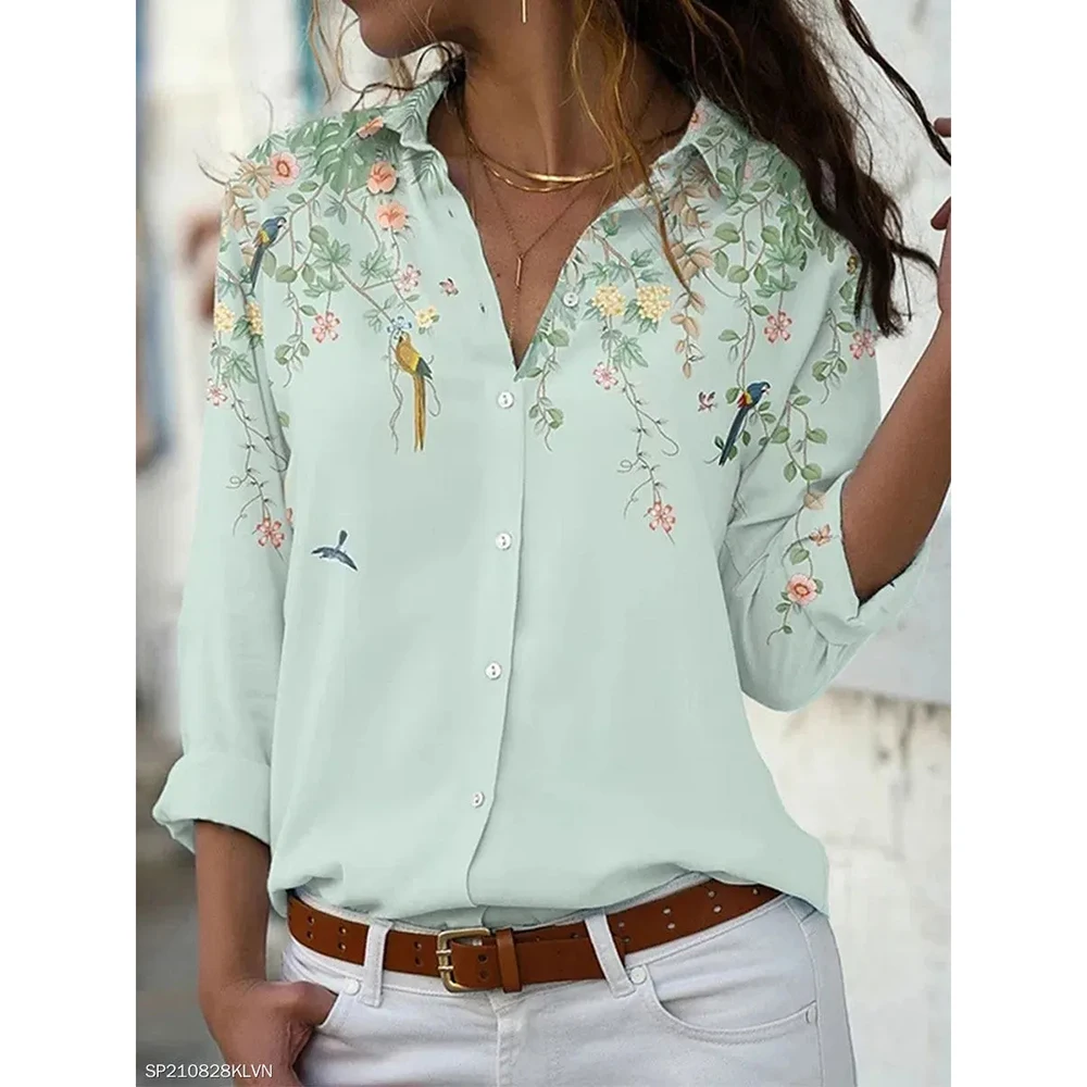 Summer Women'S Shirt Floral Print Top Lapel Long Sleeved Clothing Women'S Shirt Casual Large Button Shirt Professional Clothing