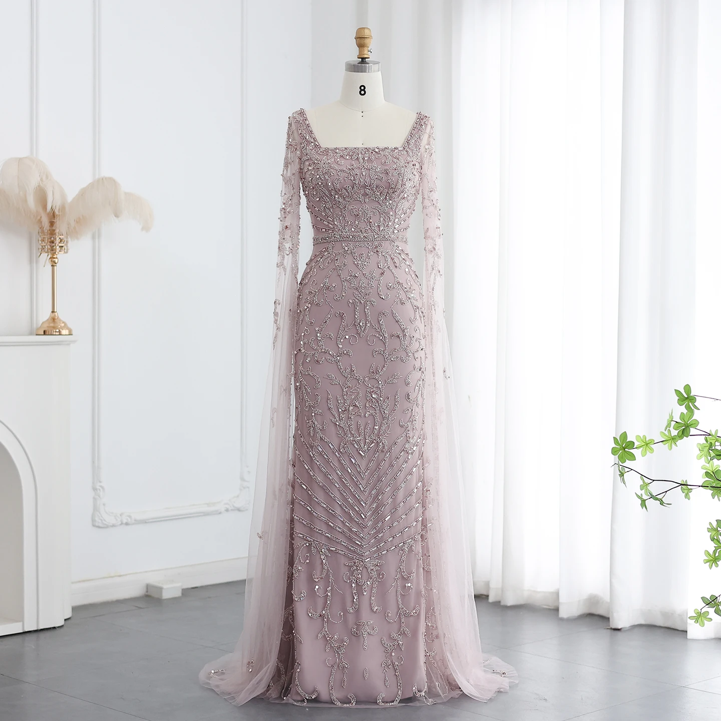 Sharon Said 2026 Luxuriöses Arabisches Türkisfarbenes Abendkleid mit Cape-Ärmeln, Quadratischem Ausschnitt, Arabian Nights Ballkleid SS469 Maßanfertigung – Detail 14