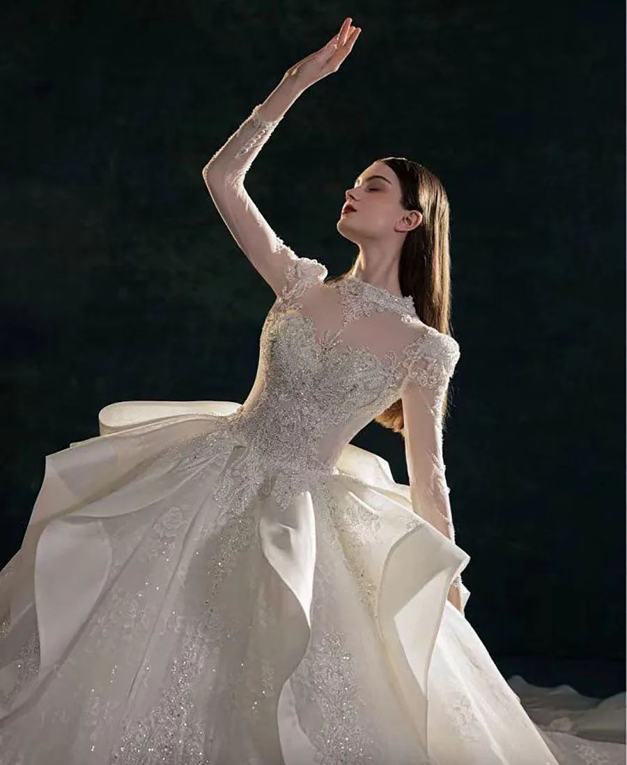 2025 Luxury Tulle Ball Gown Wedding Dress Beaded Long Sleeves Women Princess Bridal Gown Exquisite Bow Bride Dress Custom Made