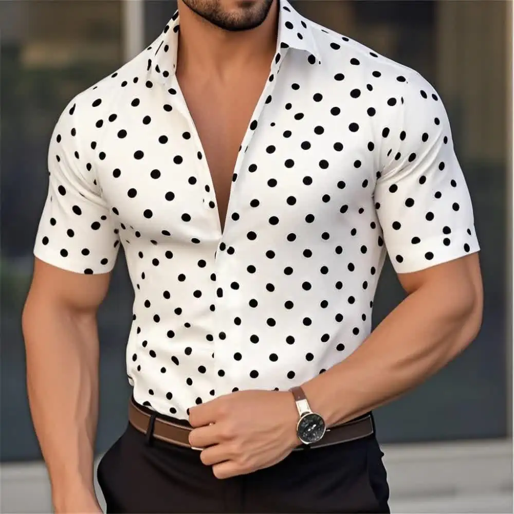 メンズシャツ ボタンダウンシャツ カジュアルシャツ サマーシャツ ビーチシャツ 黒、白、赤、白、緑 半袖 水玉ラップ