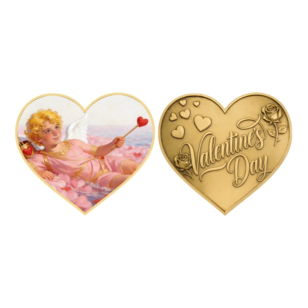 Wholesale Valentine's Day Heart Shape Gold Plated Coin Assorted Designs Teddy Bear/Cupid Lover Gift Collectible Crafts Souvenir