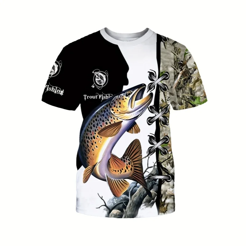 Men Trout Fishing 3D Print T Shirt Camo Black White Lace Up Splicing O Neck Short Sleeve Outdoor Fisherman Casual Sports Tee Top