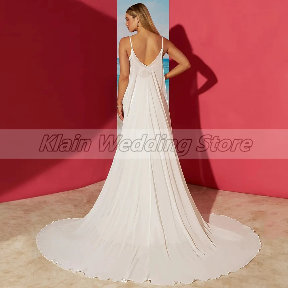 Abito da sposa senza maniche in chiffon da spiaggia bohémien personalizzato per la sposa Abiti da sposa sexy con scollo a V e spalline con nastri e