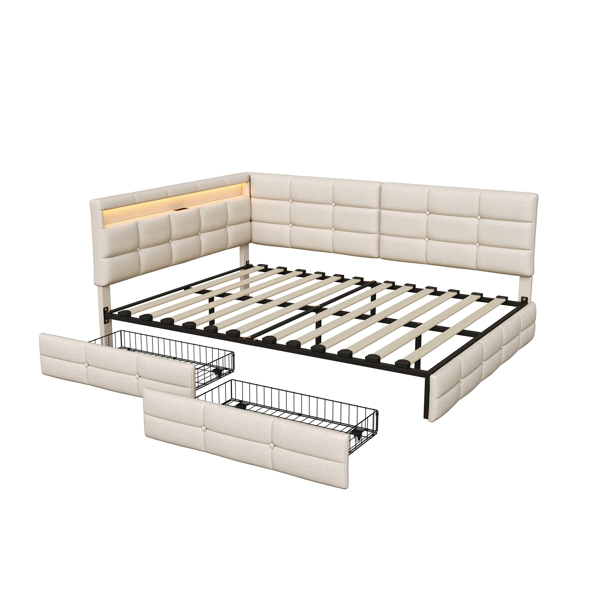 Gestoffeerd bed 140x200 met opberglades, slaapbank met LED en USB-oplader, platformbedframe met lattenbodem, linnen stof, multifunctioneel opbergbed, ruimtebesparend logeerbed, modern design - afbeelding 2