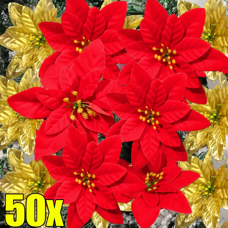 Christmas Artificial Flowers Red Glitter Poinsettia with Clips Xmas Tree Hanging Ornament DIY Wreath Wedding New Year Decoration