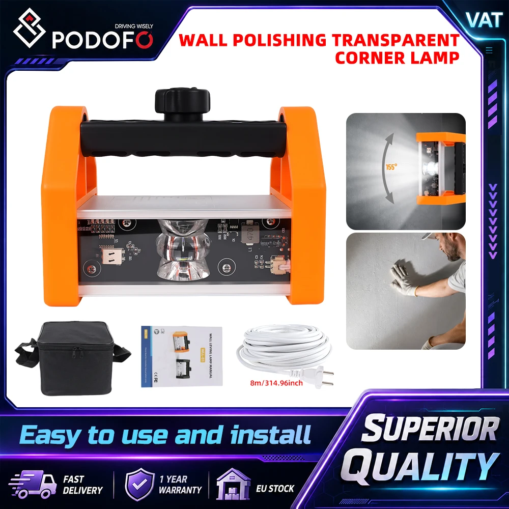 Lampa narożna przezroczysta do polerowania ścian Podofo 1500 Lumen 155 ° Bardzo szerokokątna, precyzyjna lampa LED do polerowania ścian z regulacją oświetlenia, 5 poziomów jasności, trwała,