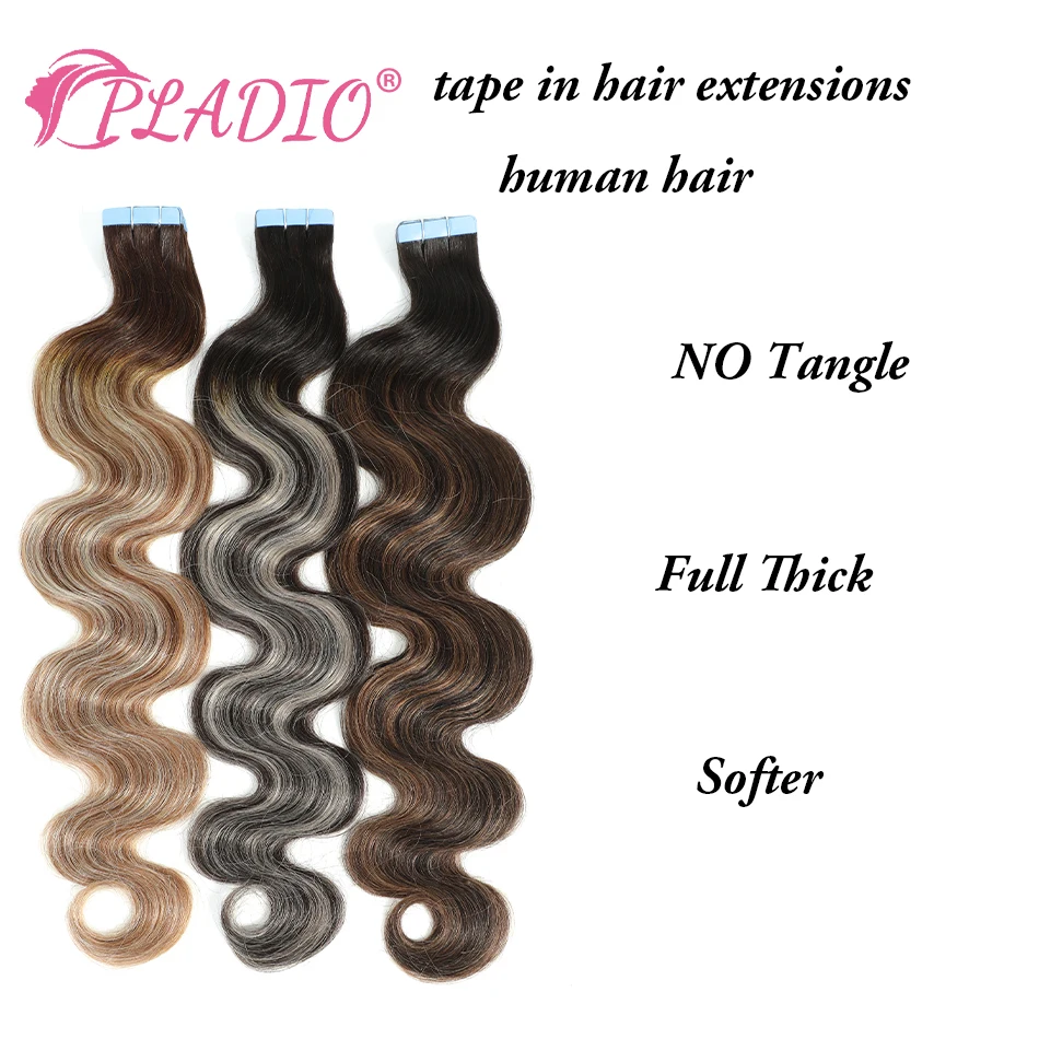 PLADIO Body Wave Tape In Hair Extensions Human Hair Real Natural Hair European Blonde Skin Weft Adhesives Remy Hair 12