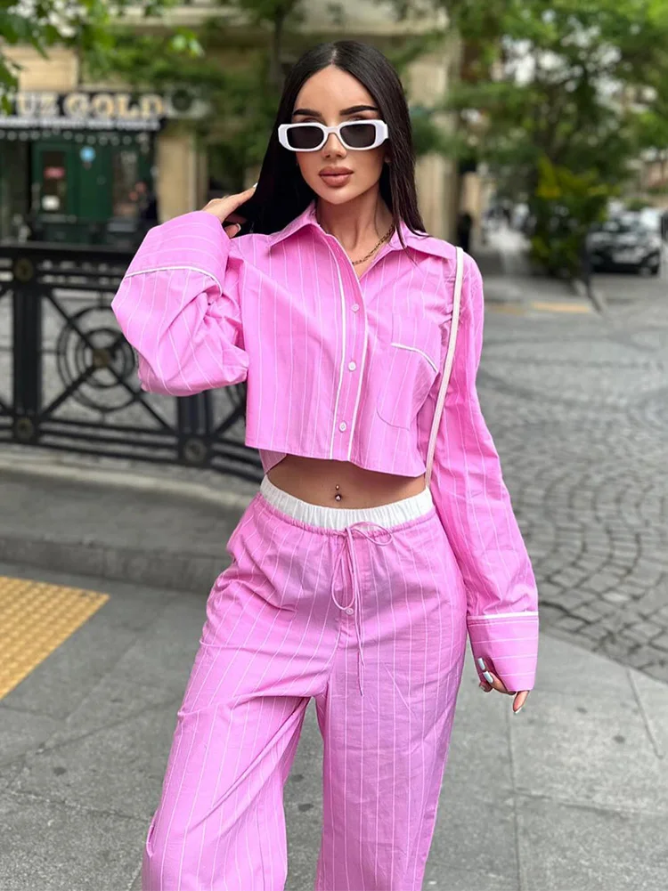 Woman Fashion Pink Stripe Set Casual Lapel Long Sleeves Blouse Crop Slim Shirt Tops Female Drawstring Patchwork Pants TRAF