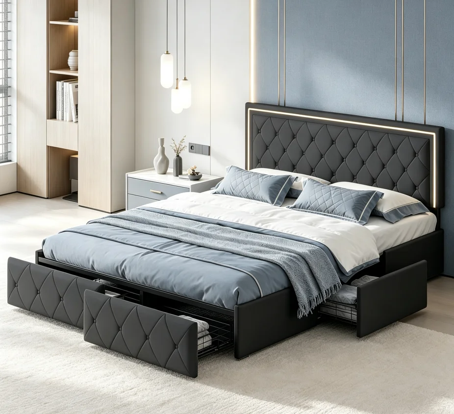 Rosahqnda Polsterbett 140/160×200 cm mit 4 Schubladen & LED-Kopfteil, PU-Plattformbett mit Lattenrost, Beige/Grau, Ohne Matratze
