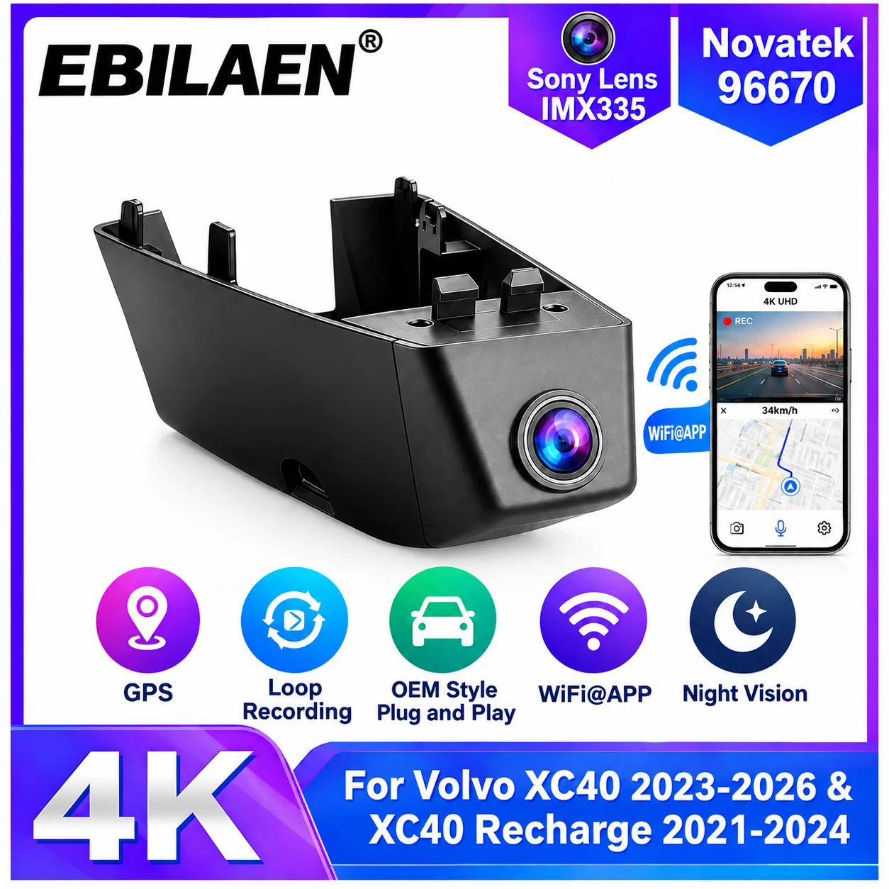 EBILAEN Dash Cam For XC40 2023-2026 XC40 Recharge 2021-2024 Plug and Play Dashcam Camera Car DVR Night Vision Factory Style DVR
