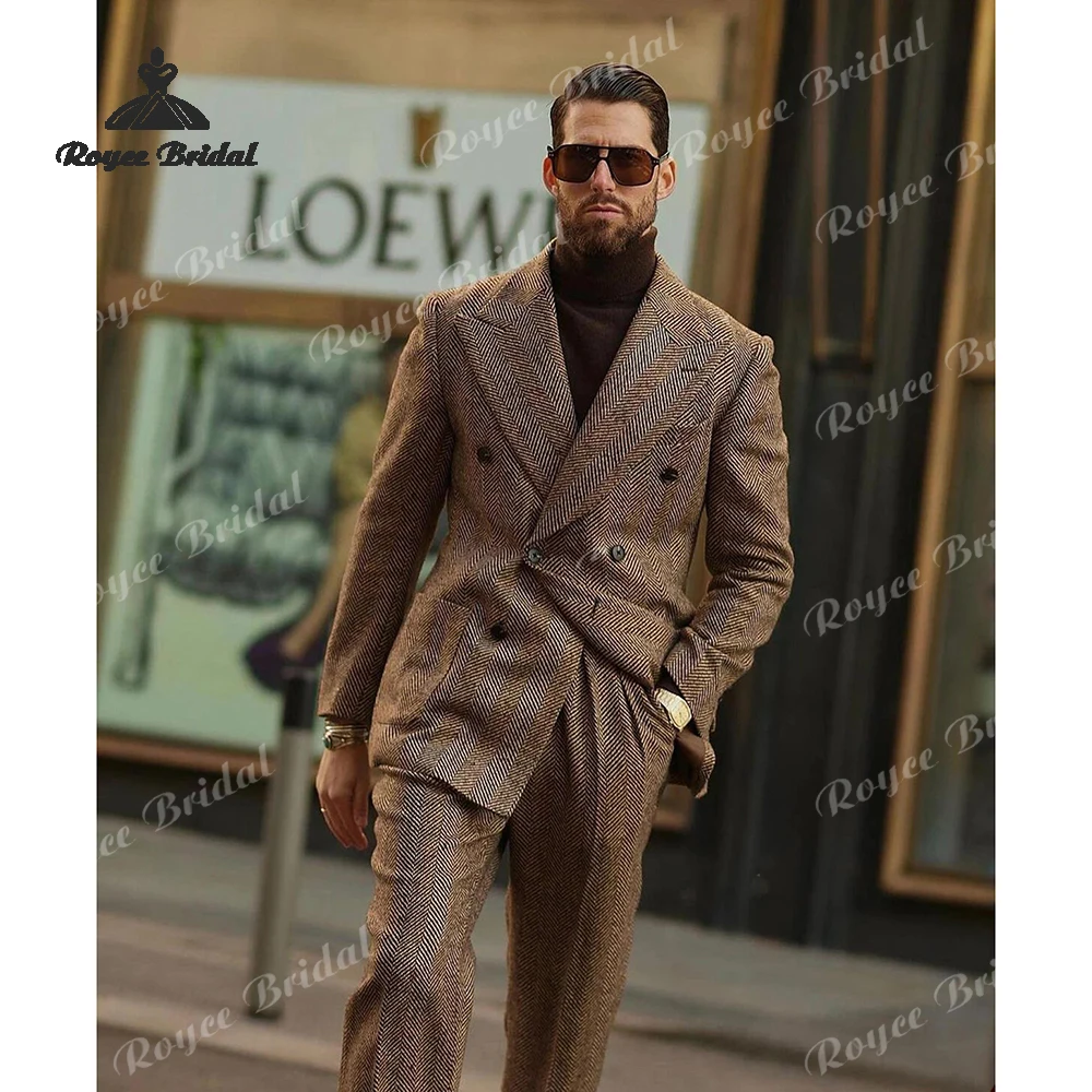 Peak Lapel Two Piece Double Breasted  Men's Suit Wedding 2026 Brown Herringbone Slim Fit Business Suit costume homme mariage