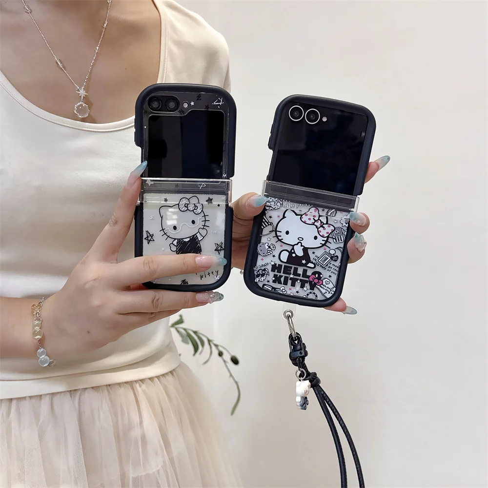 Kawaii Cartoon Kitten Phone Case for Samsung Galaxy Z Flip 8 Flip 7 FE 6 5 Flip 7 8 Cover With Chain Korean Cute Case Clear Capa
