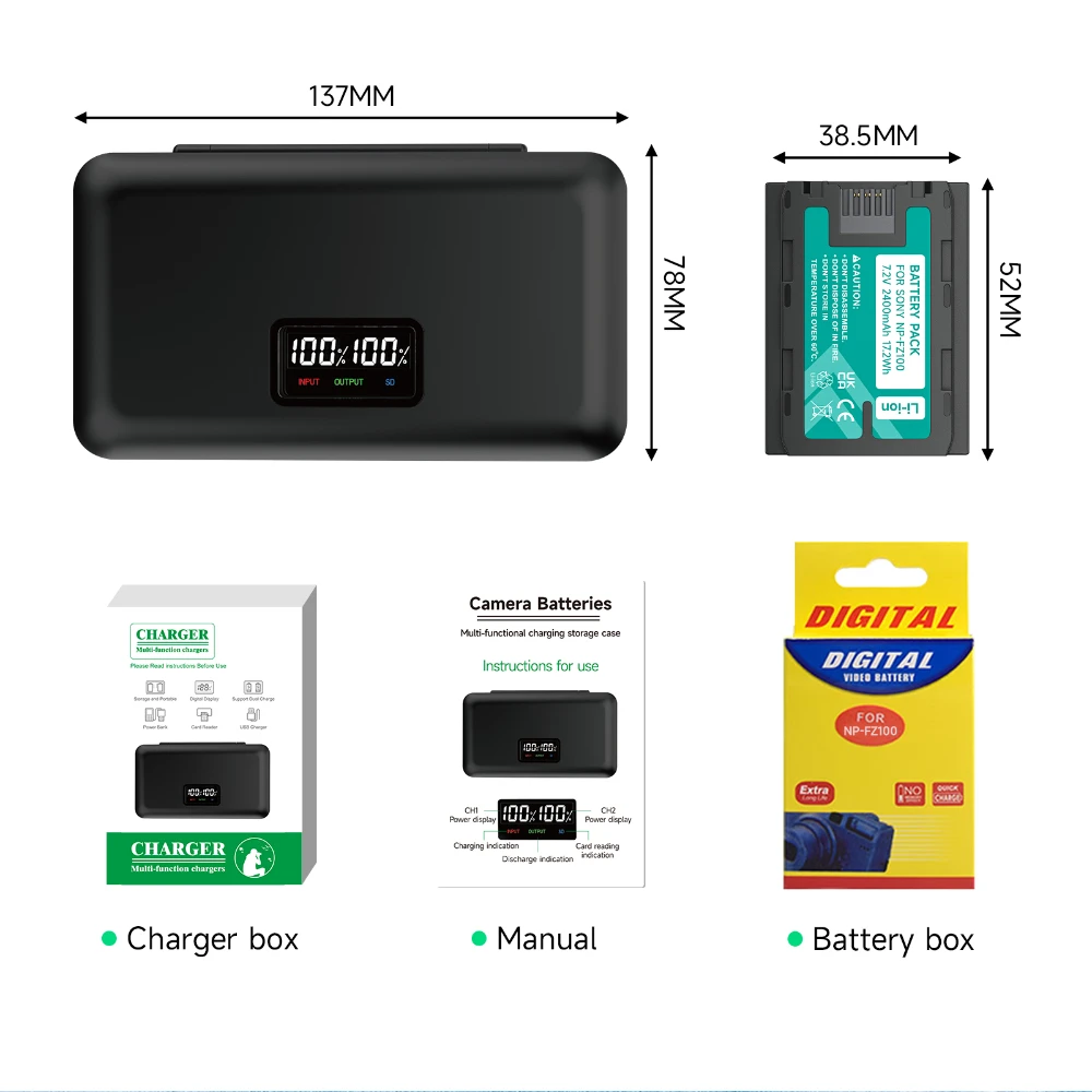 NP-FZ100 NPFZ100 NP FZ100 Battery + Storage Case Charger for Sony A6600 A6700 A7m3 A9 a7R III a7 III A9R 9S A9S A7R3 7RM3 ZV-E1