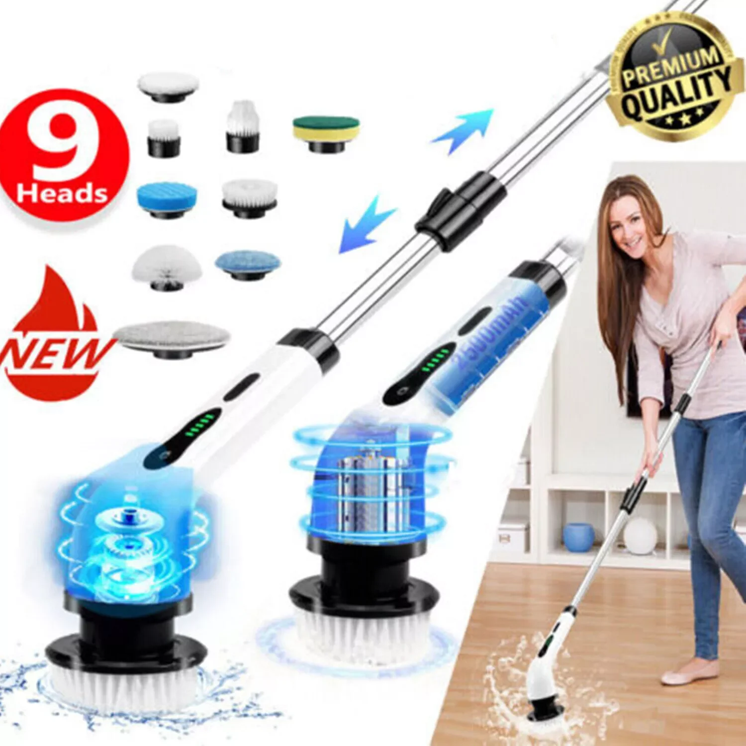 Brosse de nettoyage électrique sans fil 9 en 1, brosse de nettoyage turbo pour carrelage de salle de bain