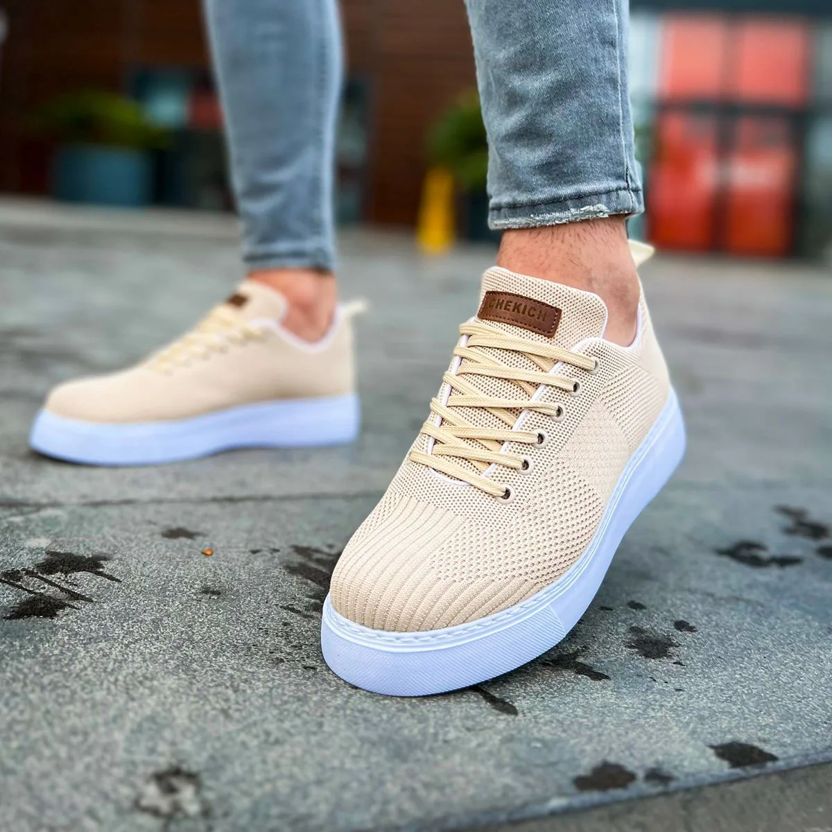 CHEKICH Original Brand Cream 2024 Men's Sports Shoes High-soled Elastic band Crew, Daily Sneakers CH413