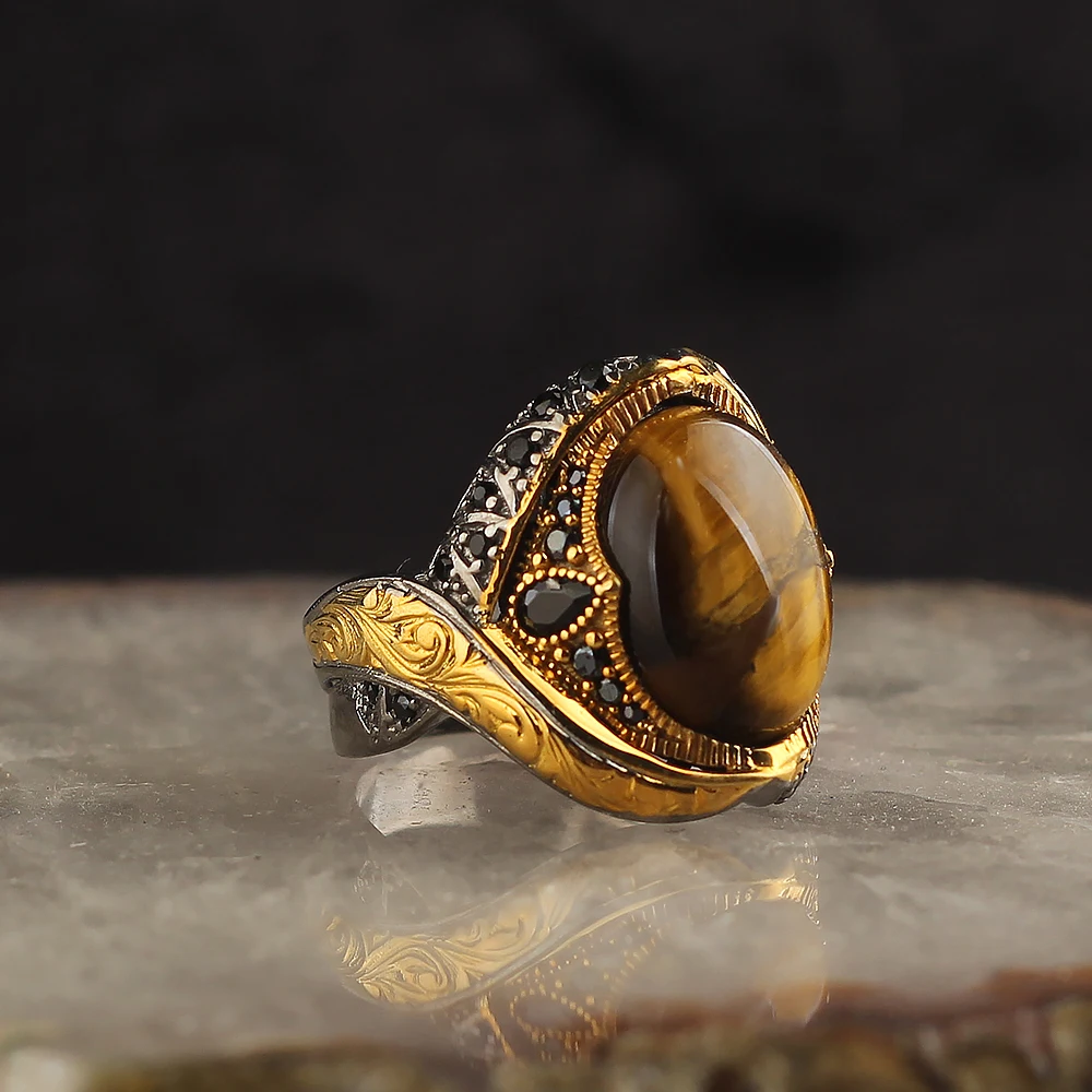 

925 Sterling Silver Ring Tiger's Eye Stone Rhodium & gold plated 17gr Handmade High Quality Gift of Jewelry Side Zircon Stone