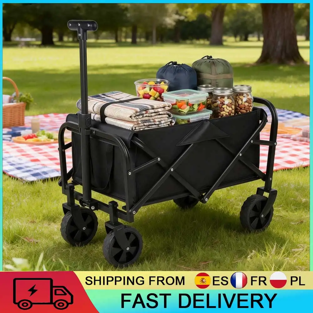 Chariot de plage tout-terrain 50L, pliage rapide et sans assemblage, structure en acier, capacité de charge maximale 75 kg, chariot de camping pliable avec poignée télescopique pour le camping en plein air et le transport d'équipements de pique-nique