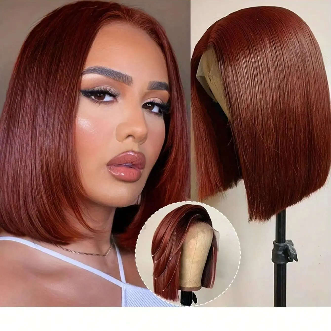 

#33 Reddish Brown Bob Wig Human Hair 13x4 Lace Front Wigs Brown Glueless Peruvian Straight Lace Front Human Hair Wigs For Women
