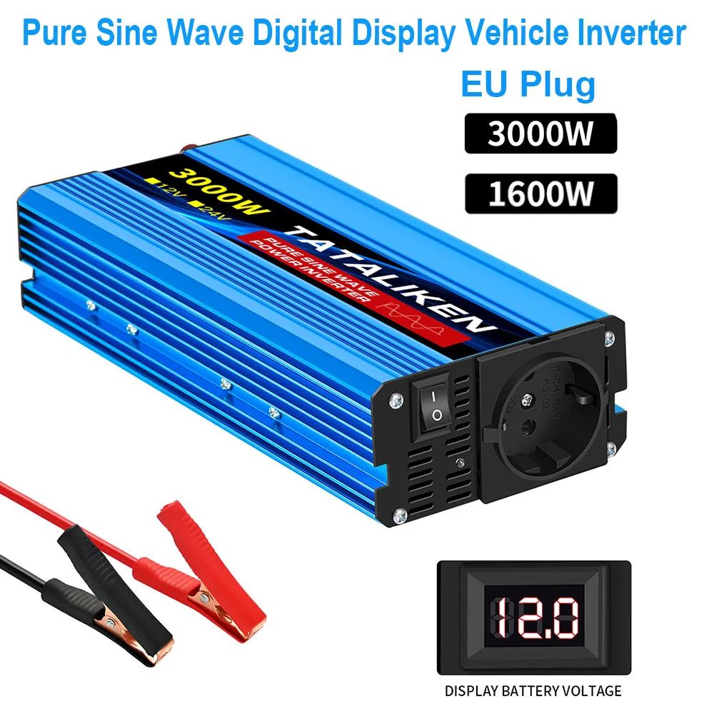 

Pure Sine Wave Inverter 1600W 3000W Car Power Inverter 12V to 220V Voltage Transfer Converter Charging Adapter EU Socket