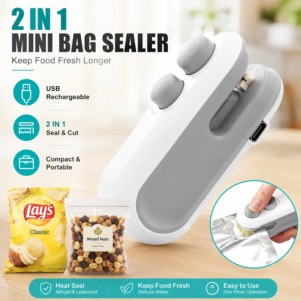 Mini Bag Sealer USB Rechargeable 2 in 1 Heat Sealer & Cutter Portable Food Bag Resealer Snack Storage Kitchen Gadget