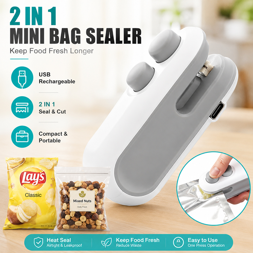  Mini Bag Sealer USB Rechargeable 2 in 1 Heat Sealer & Cutter Portable Food Bag Resealer Snack Storage Kitchen Gadget 