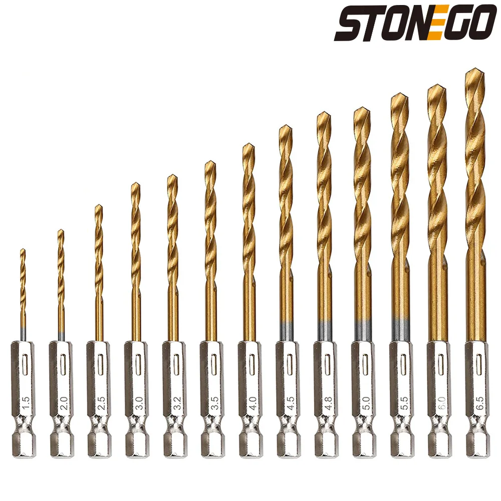 STONEGO 13PCS 1.5mm-6.5mm Drill Bit Set Titanium Coated High Speed Steel Hex Shank Hole Opener For Wood Plastic Aluminum