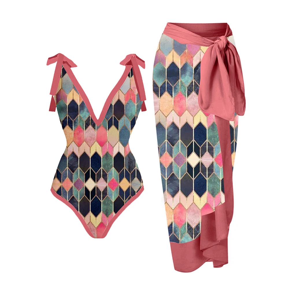 Pink Fashion V-Neck Colorblock Print One-Piece Swimsuit Set Push Up Bikini Set Brazilian Bathing Suit Summer Beach Wear