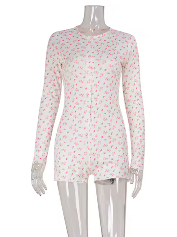 Ahagaga Casual Women Playsuits O-Neck Regular Long Sleeves Print Single Breasted Skinny Homewear Floral Sweet Femlae Rompers - Image 6