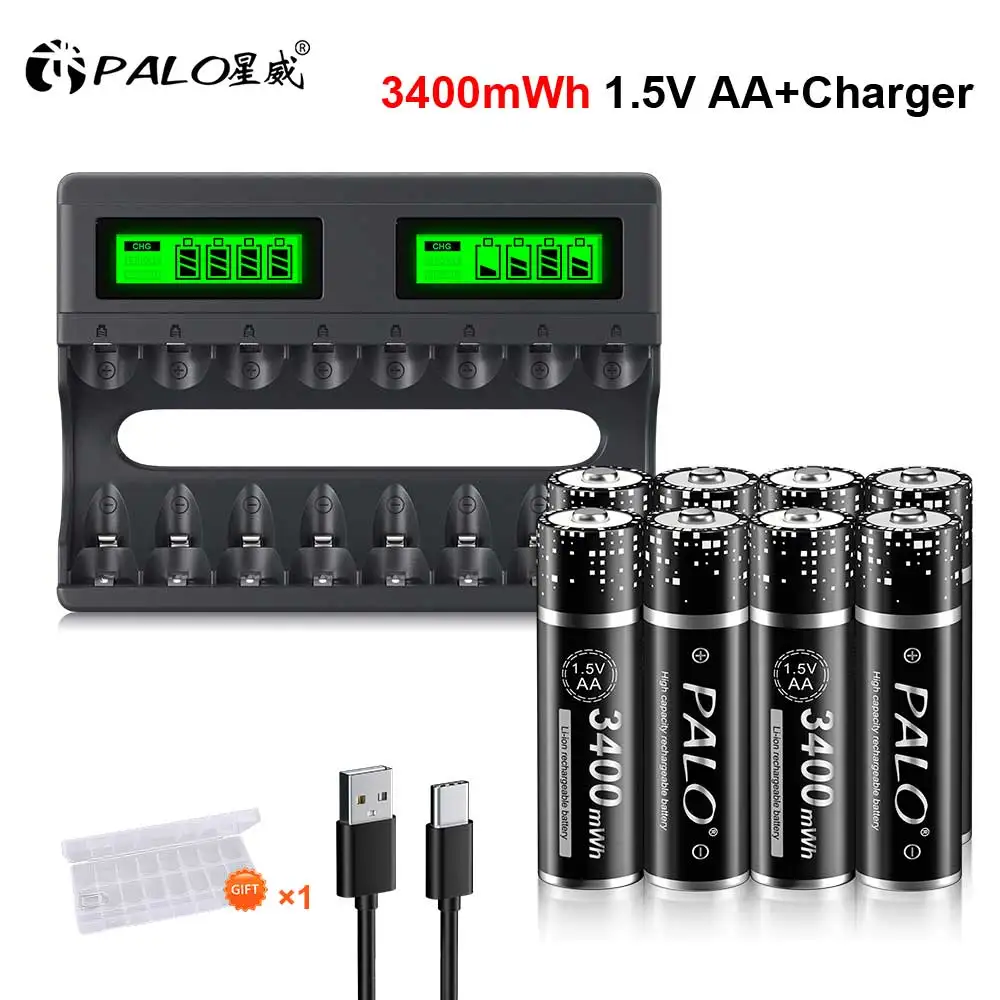 

Large Capacity 1.5V AA 3400mWh Li-ion Rechargeable AA Batteries Lithium ion AA Battery for Keyboard Mouse Toy+8 Slots Charger