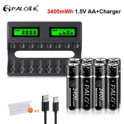 Large Capacity 1.5V AA 3400mWh Li-ion Rechargeable AA Batteries Lithium ion AA Battery for Keyboard Mouse Toy+8 Slots Charger