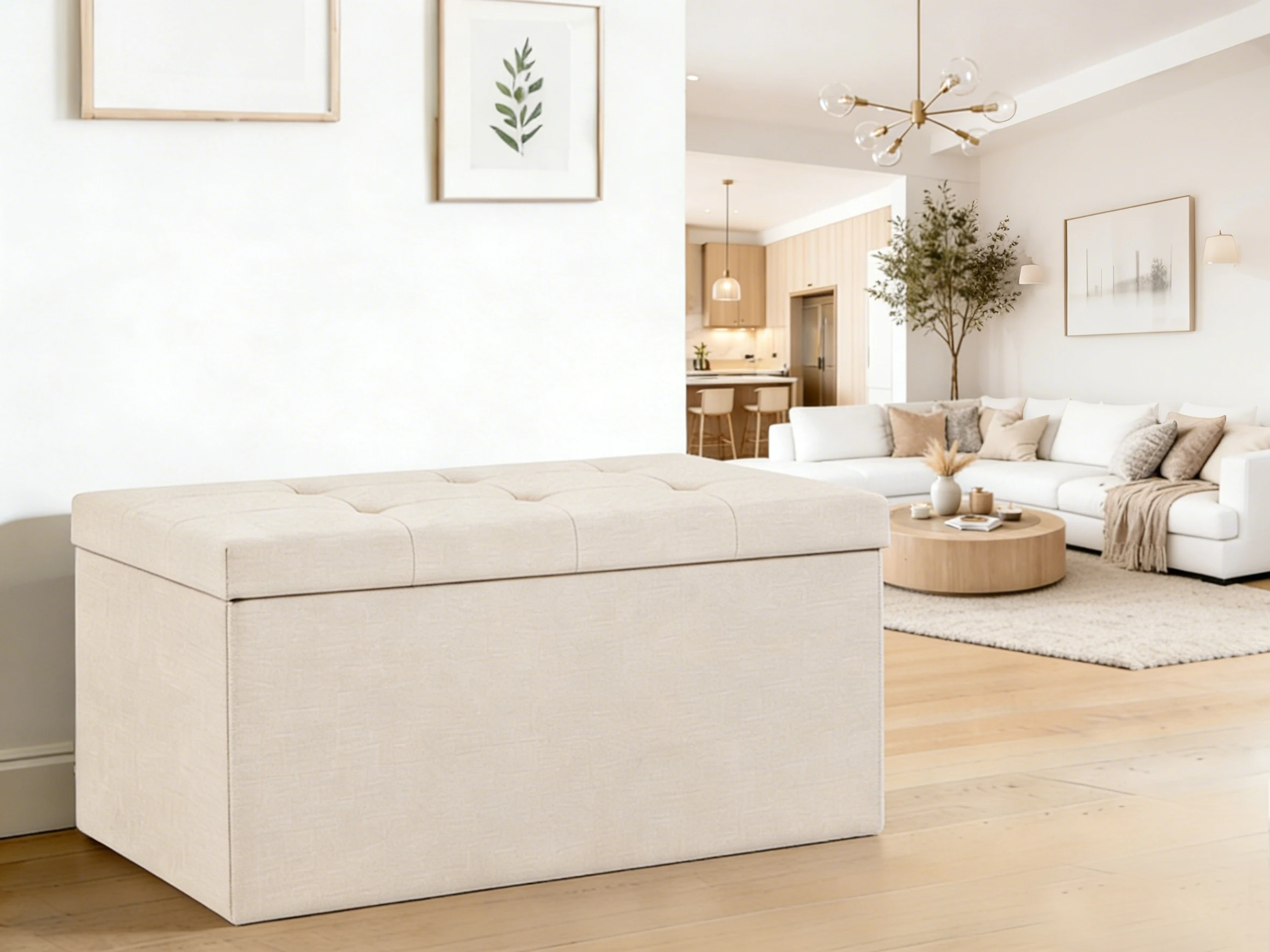 Banco Baúl Plegable 76cm con Almacenamiento, Asiento Tapizado Resistente hasta 300kg, Taburete Organizador para Salón, Dormitori