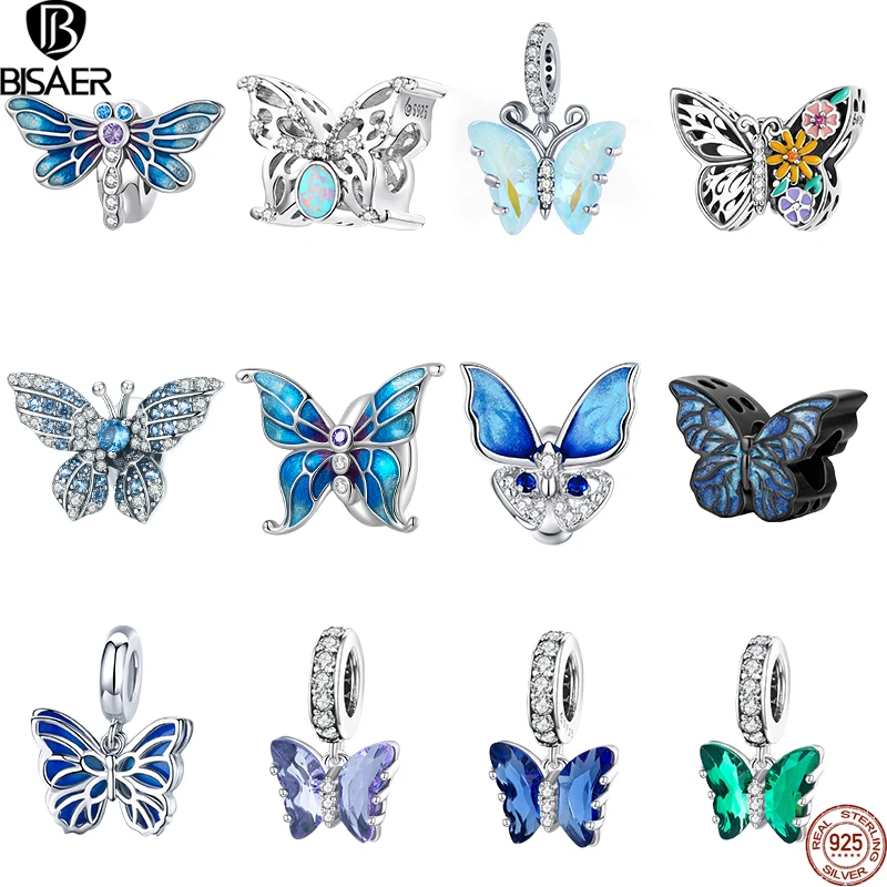 

BISAER 925 Sterling Silver Pendant Shiny Butterfly Insects Charm Beads For Women Original DIY Bracelet & Necklace Jewelry Making