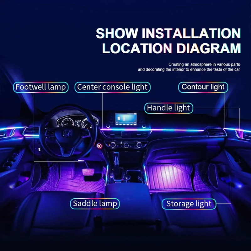 140cm 1 Streamer Car Ambient Lights 64 Color LED Interior Rainbow Acrylic Strip Symphony Remote Atmosphere Lamp Kit