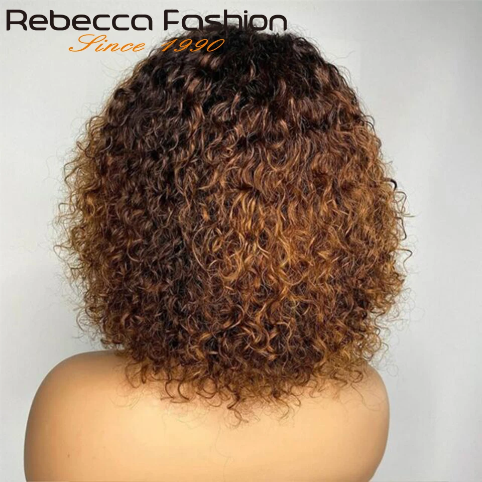 Peluca rizada Jerry Natural con flequillo para mujeres negras, cabello humano corto de color Burdeos marrón, cabello Remy brasileño hecho a máquina