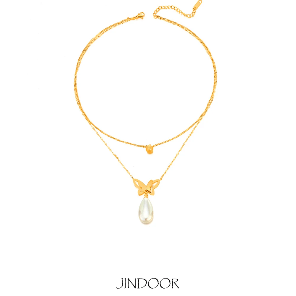 JINDOOR 18K Gold Plated Stainless Steel Butterfly Pearl Pendant Necklace for Women - Elegant, Tarnish-Resistant, Gift Ready