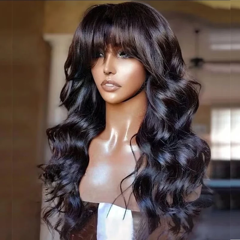 Debut Natural Black Body Wave Human Hair Wig With Bangs For Women Long Remy Brazilian Human Hair Wigs Full Machine Made Wigs