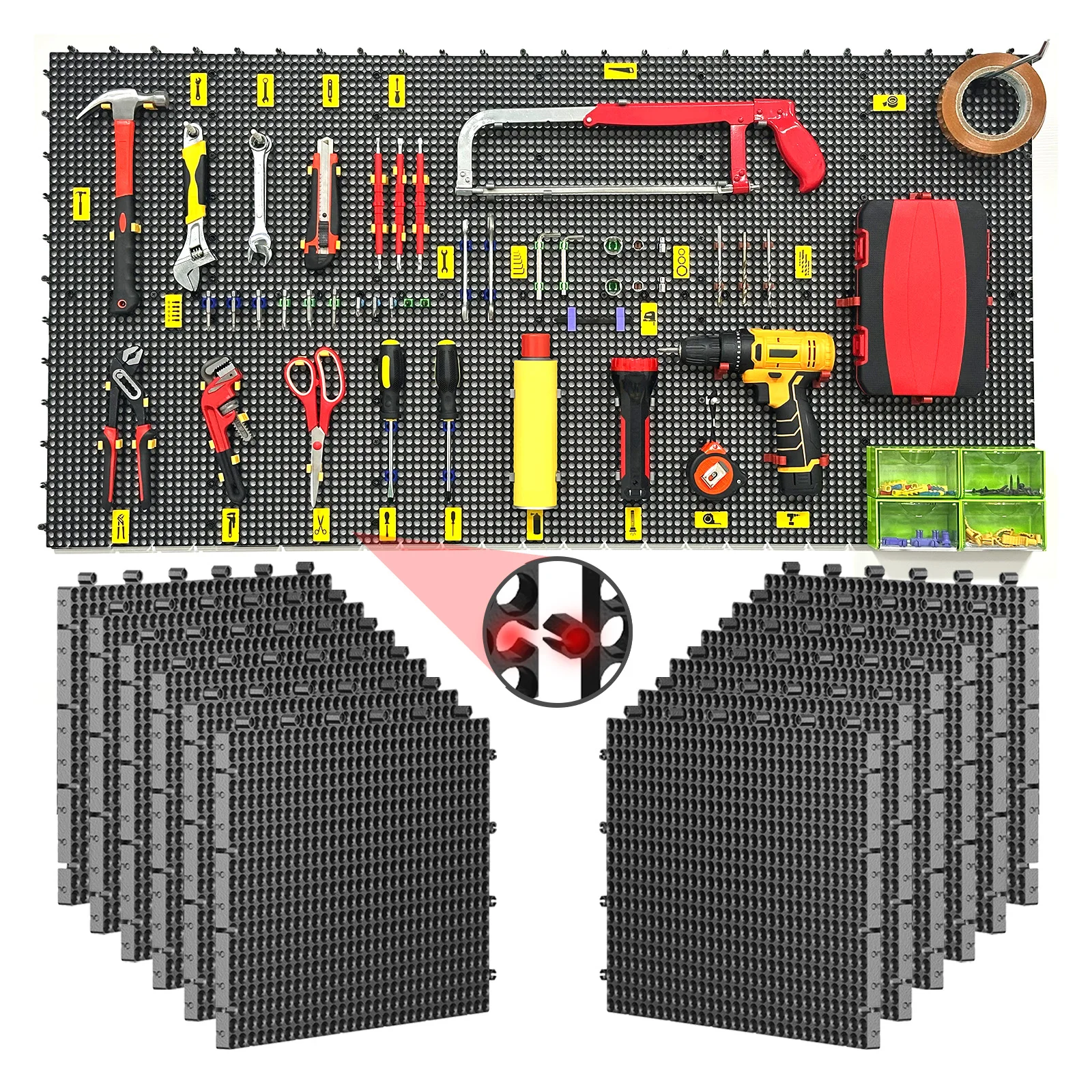 Plastic Pegboard Wall Organizer Kit, 12 Black Panels 122 X 61 cm, 428 Accessories with Hooks, Clips, Bins & Holders, Modular Too