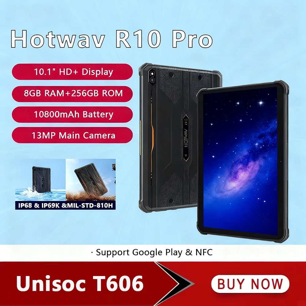 HOTWAV R10 Pro 4G Rugged Tablet 10..1 Inch HD+ 8GB+256GB Tablets PC 10800mAh Battery 5MP+13MP OTG Charging Smart Pad Global