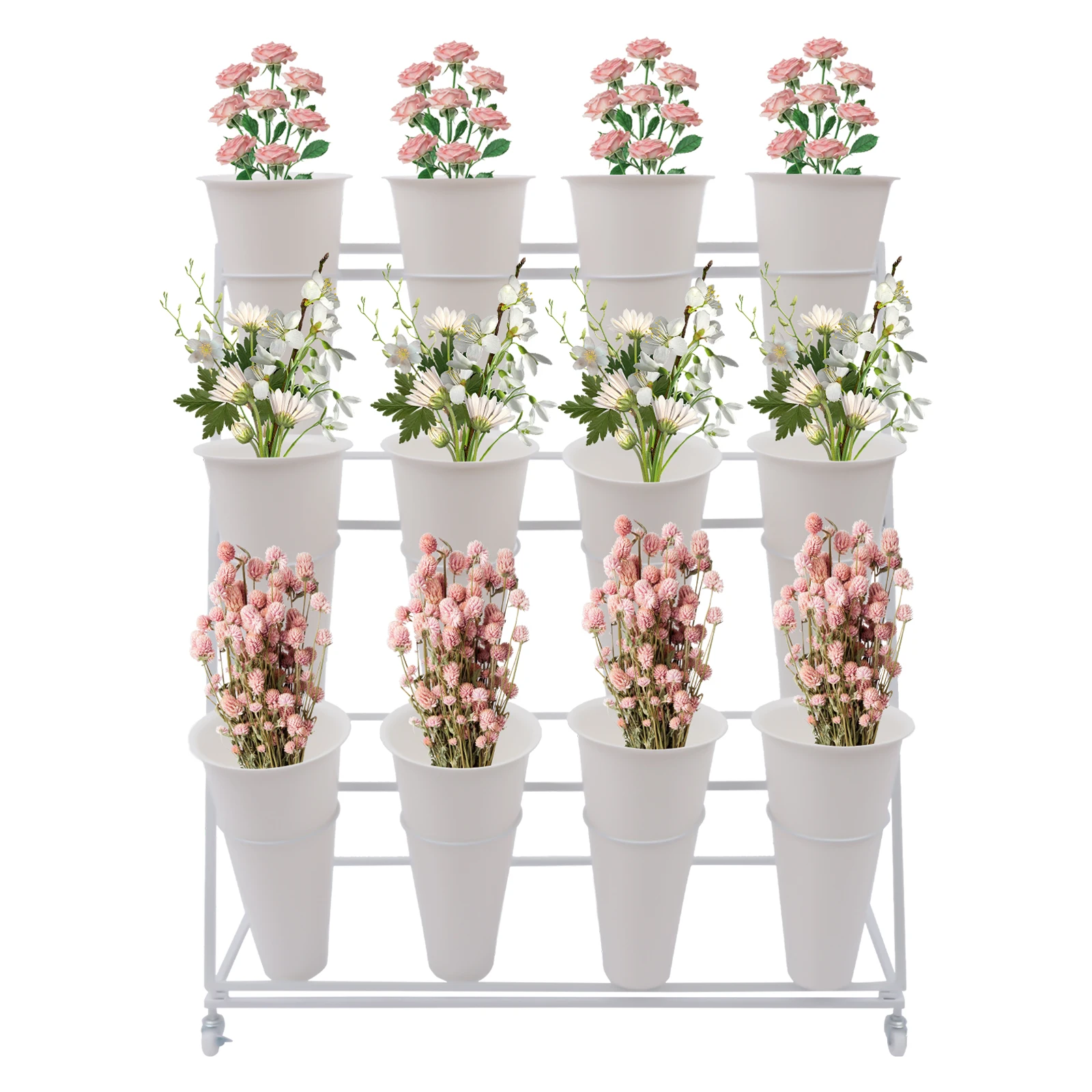 Flower Display Stand, 3 Layers Flower Bar Stand 12PCS Buckets, Heavy Duty Moving Plant Cart Shelf for Outdoor Flower Pop-Up