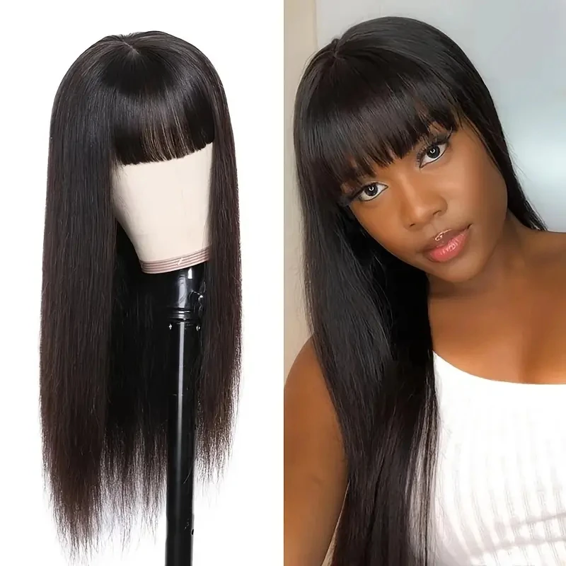 Alimice Long Straight Human Hair Wigs with Bangs Machine Made Glueless Straight Virgin Human Hair None Lace Front Natural Color