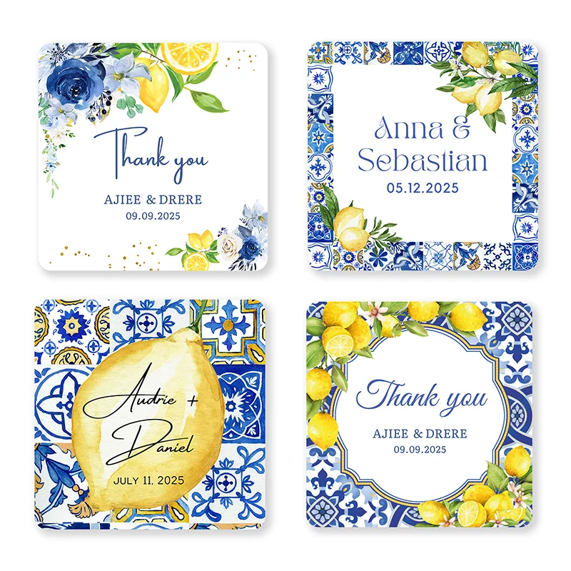 Personalized Lemon Gift Labels,Blue tile and Lemon Bridal Shower Stickers, 1.5in~3in Round/Square Sticker Labels Favor Tags