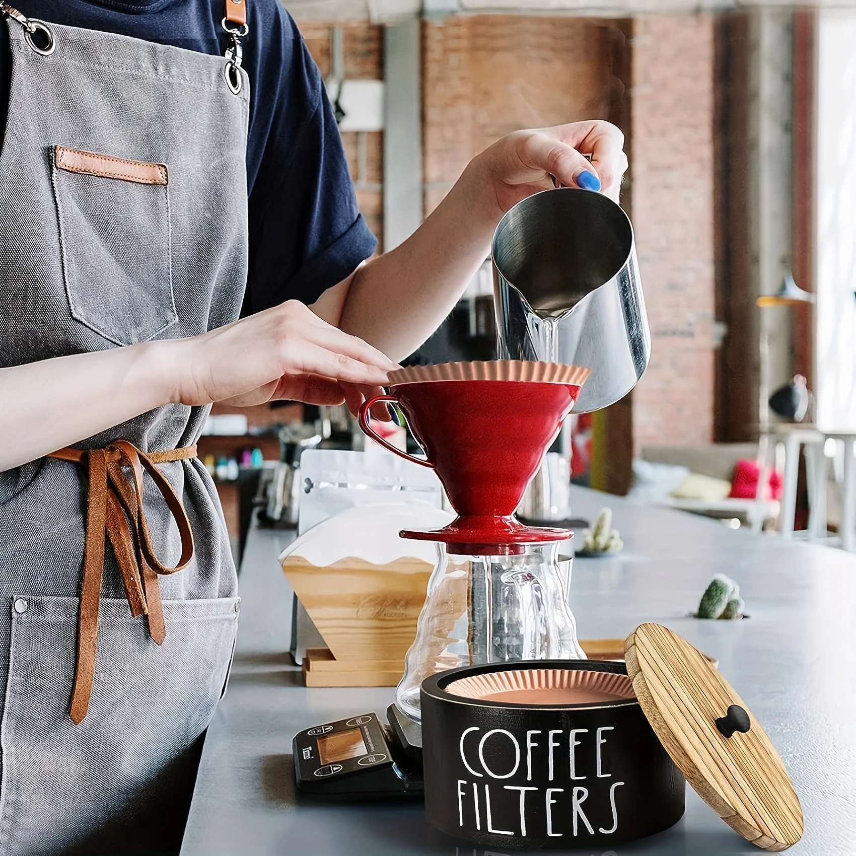 

Wooden Coffee Filter Holder Rustic Farmhouse Design with Lid Space-Saving Dispenser for Coffee Bar