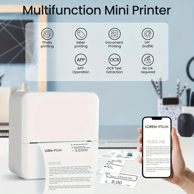 Mini Impresora Inalámbrica de Etiquetas Portátil de Escritorio con 6 Rollos de Papel Térmico de Color, 3 Rollos de Etiquetas y 3 Rollos de Papel Térmico Simple
