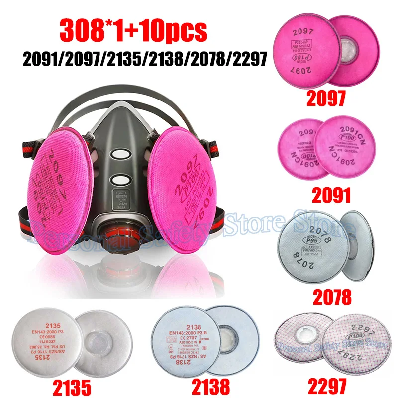 

308 Face Gas Dust Chemical Respirator Mask With 2091/2097/2135/2138/2078/2297 Filter Set For Epoxy Dust Paint Organic Vapor