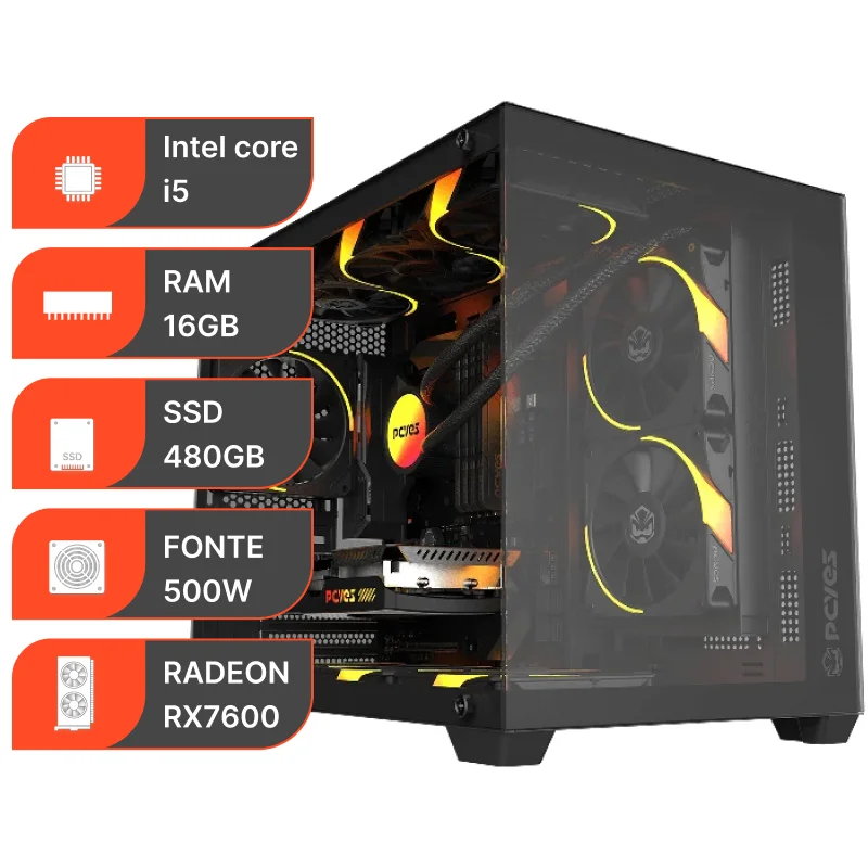 PC Gamer Black Vulcan | i5 12400f | Rx 7600 8GB Oc | 16gb 3200mhz | NVME 240GB | SSD 240GB  | Water Cooler ARGB | Wi-fi 6