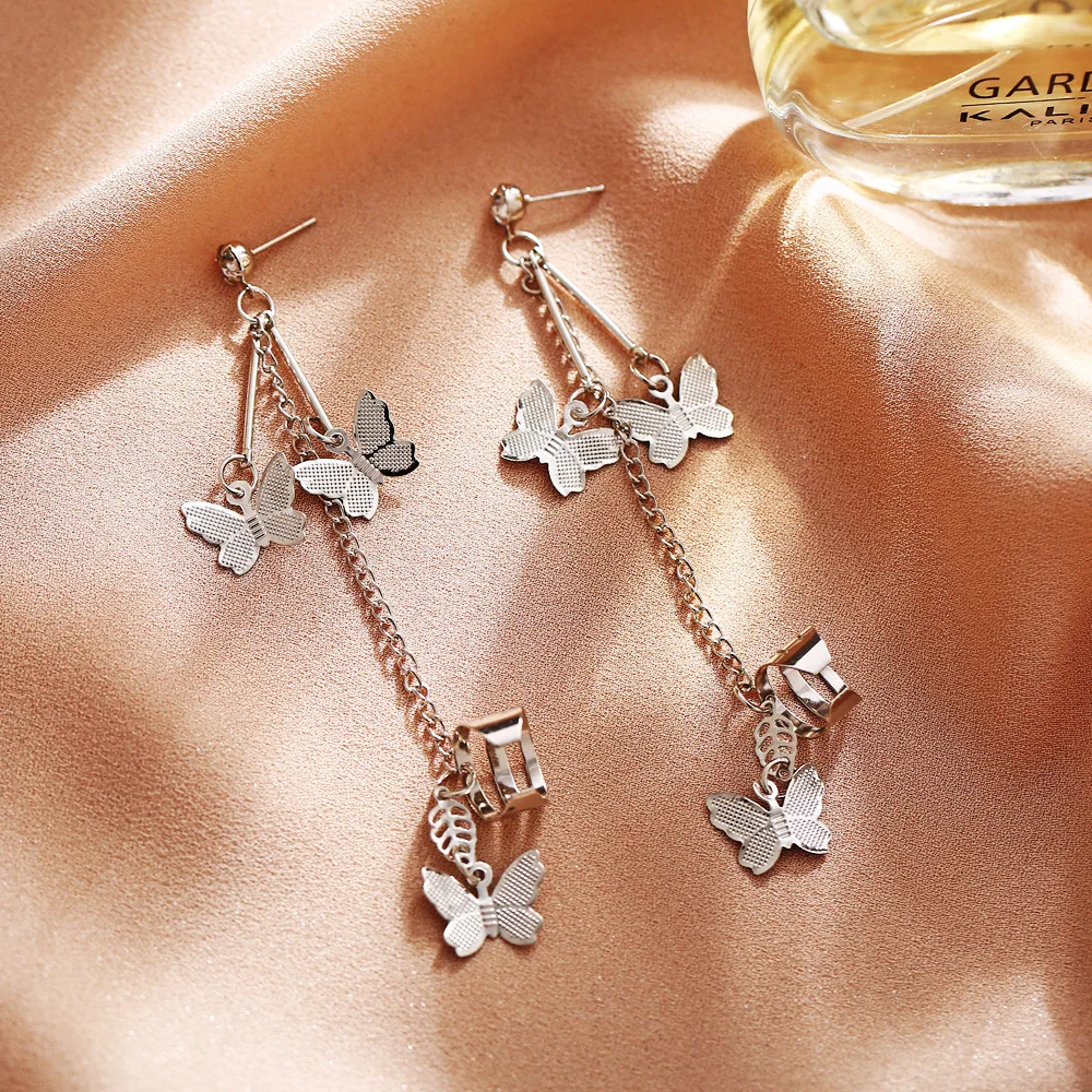 New Silver Simple Butterfly Earrings for Women Retro Alloy Chain Ear Clip Cuff Fake Piercing Trend Jewelry Gift Party