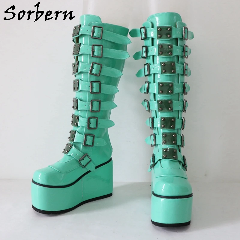 Sorbern Fashion Punk Style Boots Women Knee High Wedges Comfortable Buckles Straps Fetish Drag Queen Shoe Custom