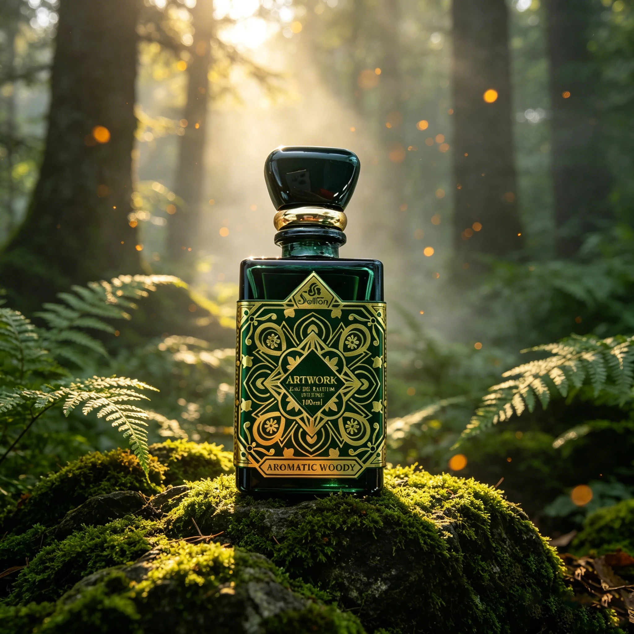 100ml ARTWORK Unisex Aromatic Woody Eau de Parfum, Mixed Wild Berry Floral Forest Wood Long Lasting Fragrance, Vintage Dark Emerald Green Square Glass Bottle with Gold Embossed Oriental Pattern, All Day Wear Neutral Cologne, Luxury Dark Green Velvet Gift - view 8