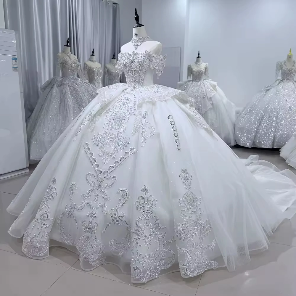 платье свадебное женское Off Shoulder Strapless Wedding Dress Lace Up Back Sequined Beading Embroidery Ball Gown Bridal Dress